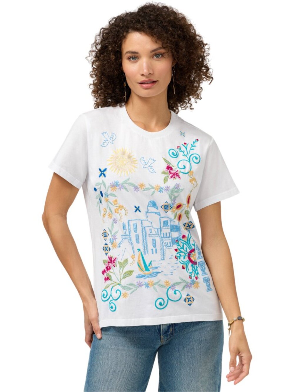 Johnny Was Santorini Crew Short Tee White Cotton Shirt Floral Embroidery Top NEW